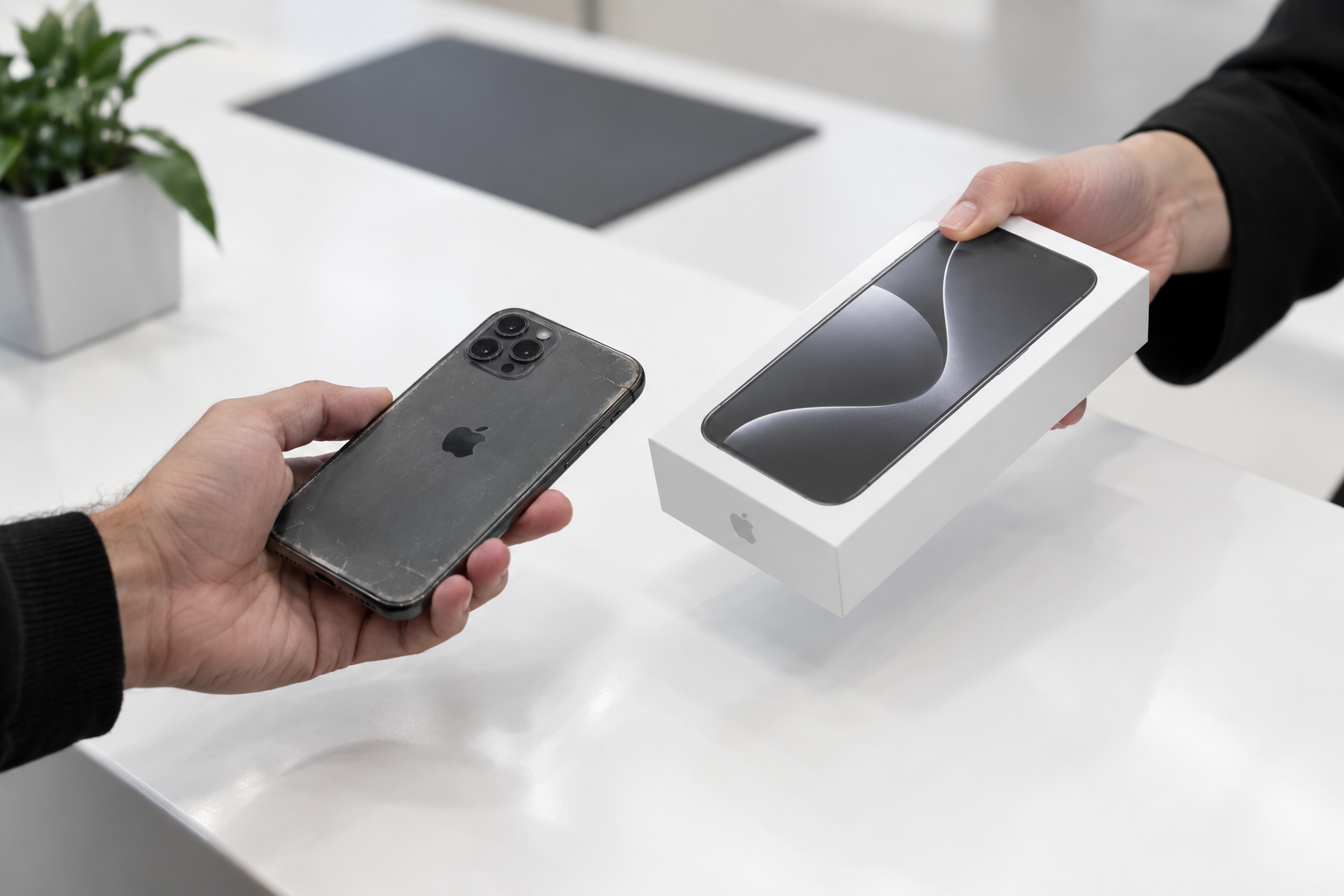 Cena ilustrativa de troca de iPhone por aparelho novo lacrado